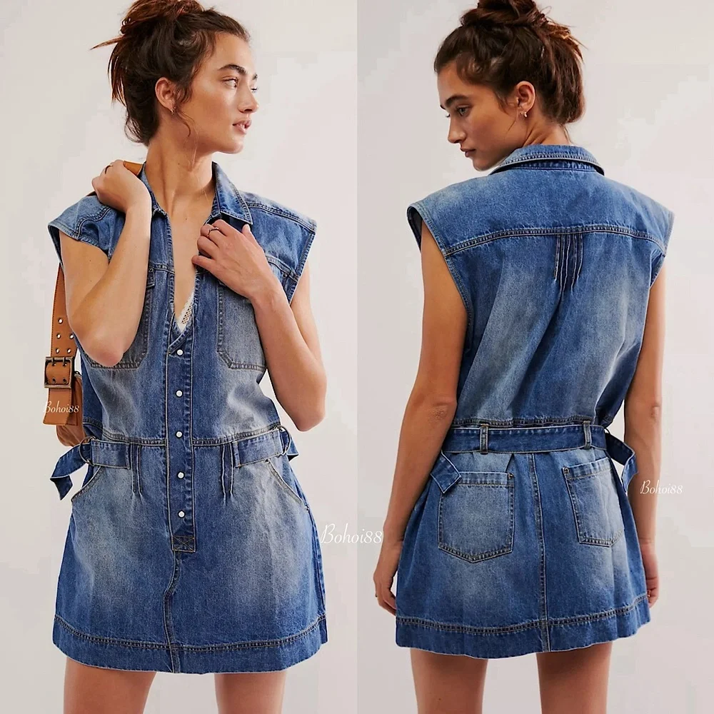 NWT Free People Rowley Denim Mini Dress Belted Button Front Plunge V-Neck - Picture 11 of 11